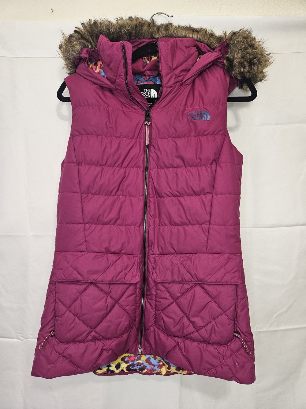 The North Face Magenta Quilted Hooded Vest Faux Fur Trim Removeable